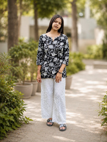 Bibhatsu Women's Black Lotus Printed Cotton Short Kurti | Round Neck | 3/4 Sleeve | Casual & Daily Wear