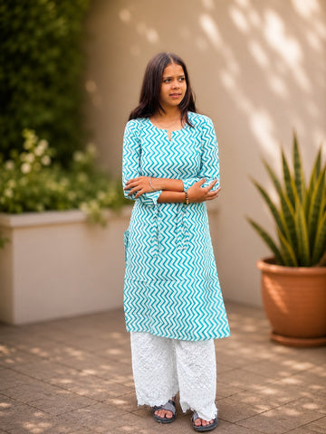Bibhatsu Women's Sky Blue Chevron Printed Cotton Straight Kurti | 3/4 Sleeve | Casual, Office & Daily Wear