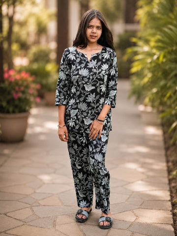 Bibhatsu Women's Black Lotus Printed Cotton Short Co-ord Set | Round Neck | 3/4 Sleeve | Casual & Daily Wear
