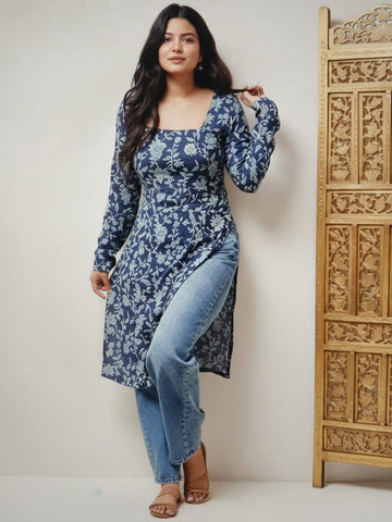 Women's Navy Blue Floral Printed A-Line Kurti | Bibhatsu Apparels | Cotton Kurti