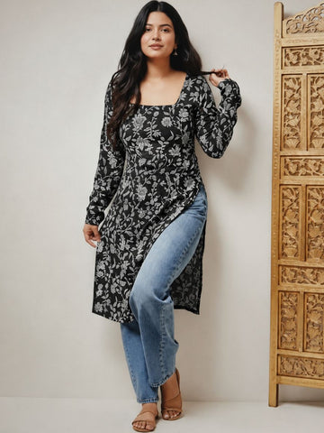 Bibhatsu Apparels Women’s Black Floral Printed A-Line Kurti | Square Neck | Casual & Office Wear | Cotton kurti